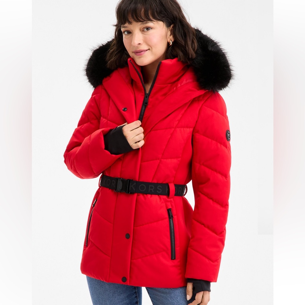 MK Red Women's Puffer Jacket with Black Fur Trim